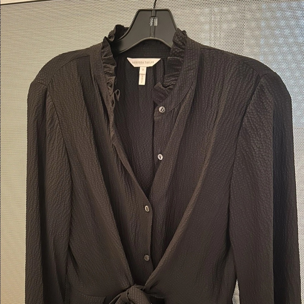 Rebecca Taylor Long Sleeve Tie Waist Black Silk Dress LBD, 2